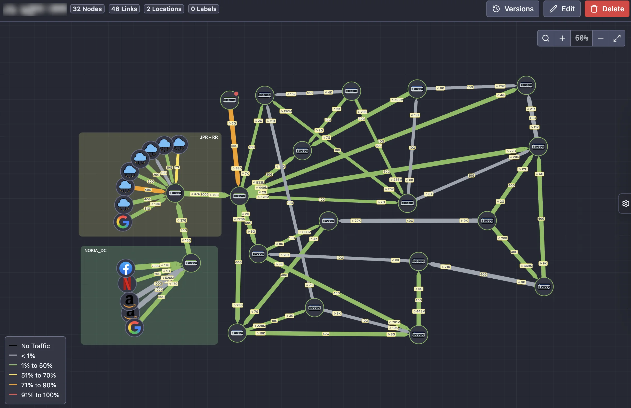 Network topology map showing weathermap visualization of network infrastructure in NetSense NMS.