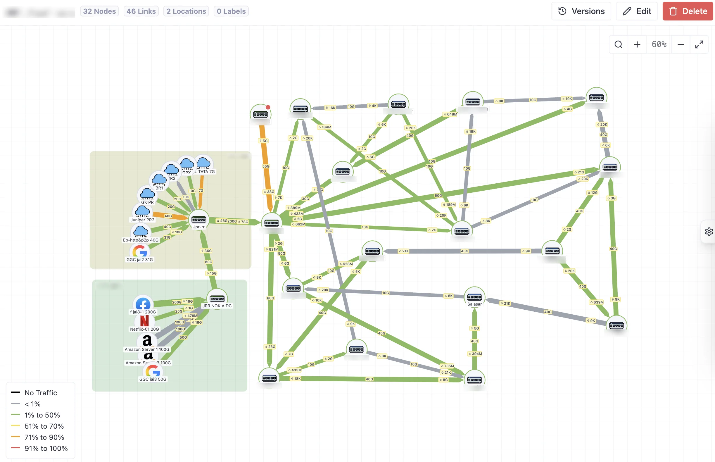 Network topology map showing weathermap visualization of network infrastructure in NetSense NMS.