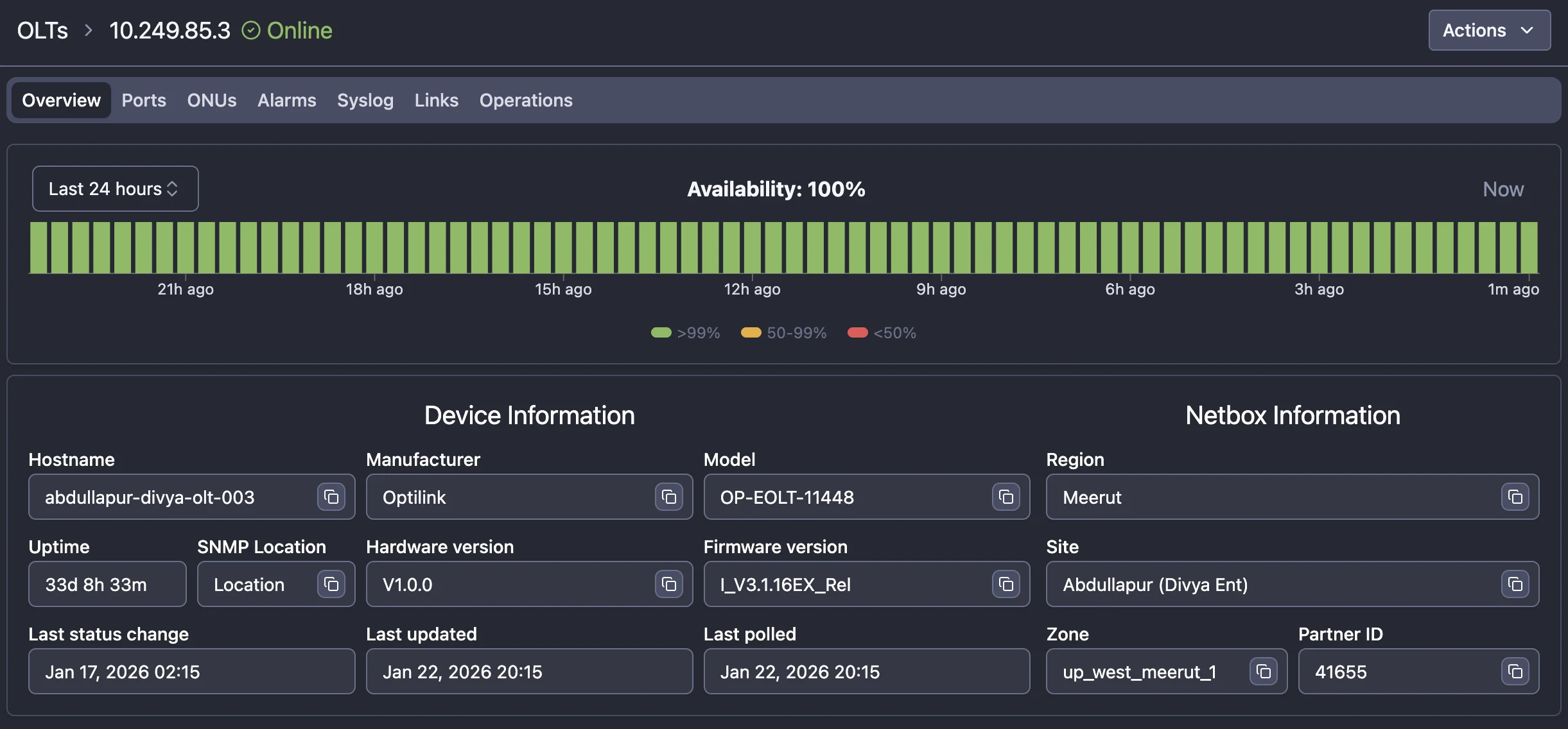 OLT monitoring dashboard showing device status, temperatures, and port metrics in NetSense NMS.