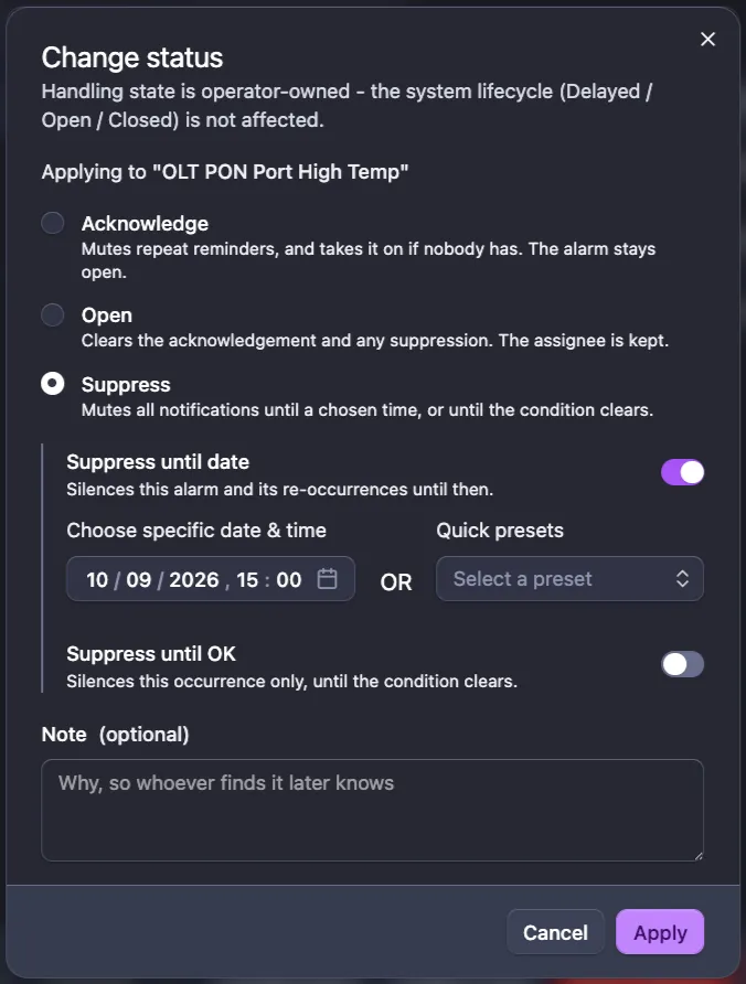 The Change status dialog with Suppress selected, showing the Suppress until date toggle with a date picker and quick presets, and the Suppress until OK toggle