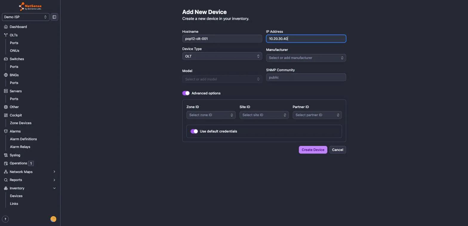 The Add New Device form with Advanced options enabled, showing the Zone ID, Site ID and Partner ID selectors and the Use default credentials toggle