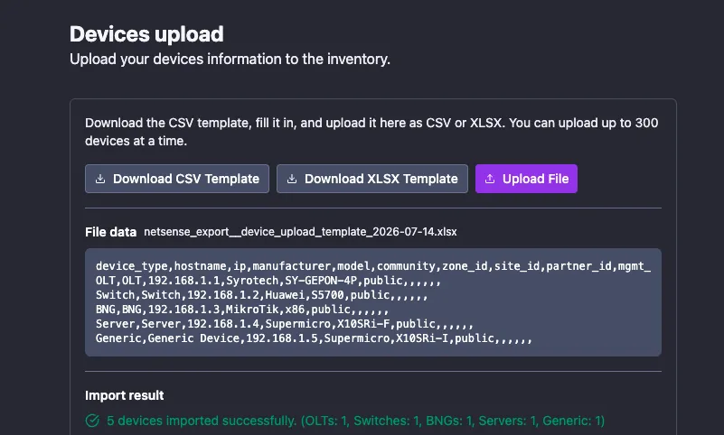 The Devices upload panel showing parsed file data and an import result reading 5 devices imported successfully, with a breakdown by device type