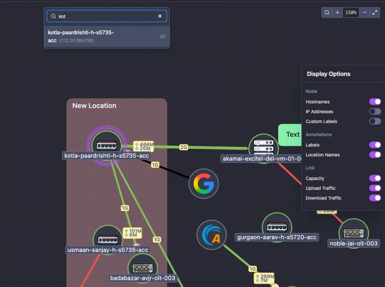 A zoomed-in section of a manual map: node search open with a match, a Location box around a group of switches, a text Label, links carrying capacity and in/out traffic balloons, and the Display Options panel