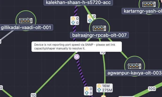 A link drawn in purple and black stripes, with the tooltip “Device is not reporting port speed via SNMP - please set link capacity/shaper manually to resolve it”