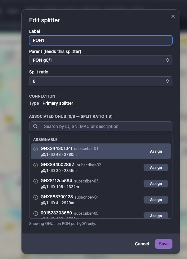 The Edit splitter dialog’s Associated ONUs section, listing assignable ONUs on PON g0/1 with serial, description, ONU ID and measured fiber distance, each with an Assign button