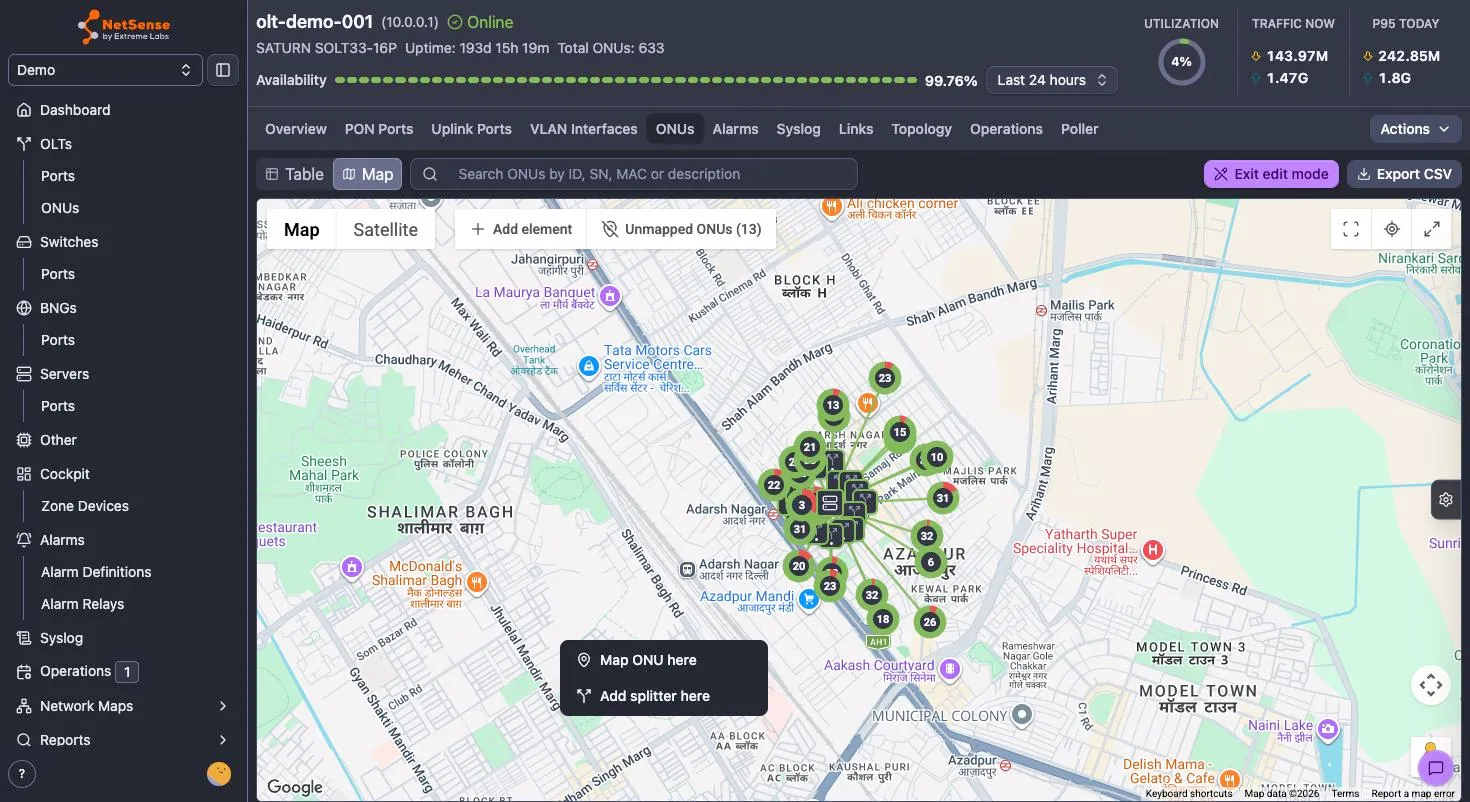 Right-clicking the map in edit mode offers “Map ONU here” and “Add splitter here”