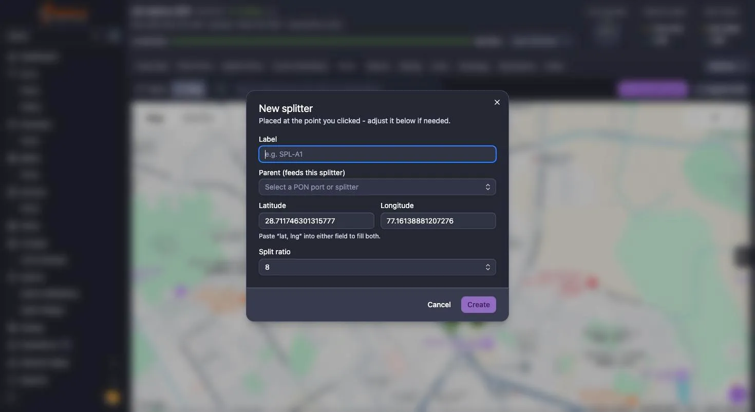 The New splitter dialog: label, parent selector, latitude and longitude prefilled from the clicked point, and split ratio