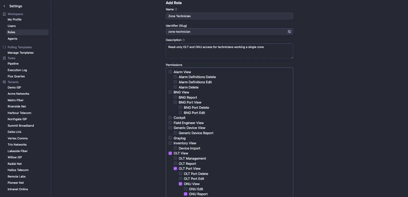 The Add Role form with name, slug, description and the permission tree, with OLT View, OLT Port View, ONU View and ONU Report selected