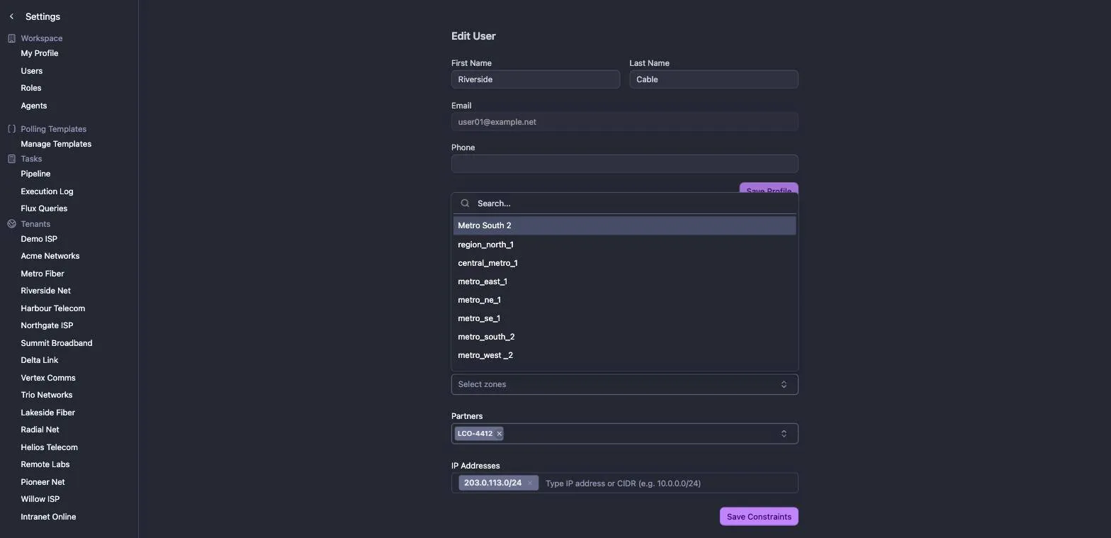 The Zones constraint picker open, listing the zone IDs that exist in the inventory