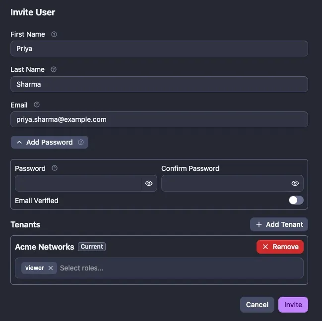 The completed Invite User form: first and last name, email, the expanded Add Password panel with its Email Verified switch, and a tenant with the viewer role selected