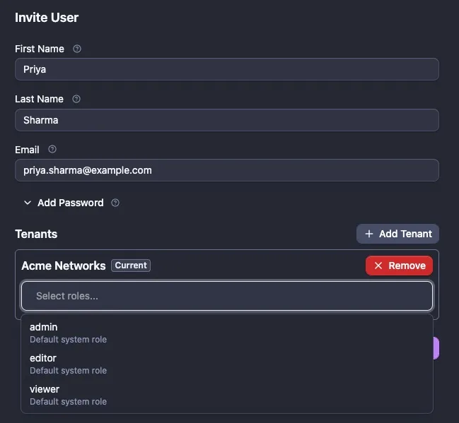 The role picker open, listing admin, editor and viewer, each labelled Default system role